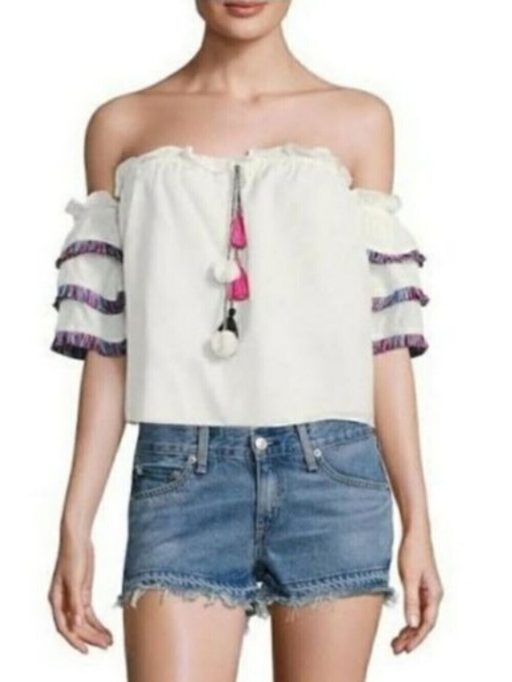 Red Carter x Anthropologie Off The Shoulder Tiered Fringe Sleeve Tassel Crop Top